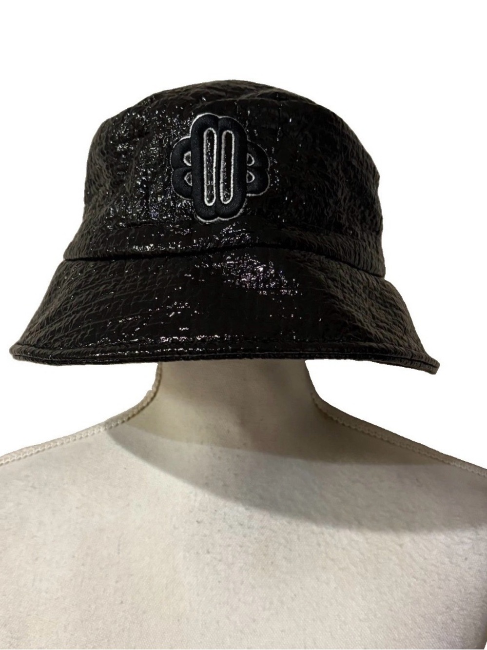 Maje Bucket Hat Embroidered Logo Black Vinyl Textured Pattern One Size